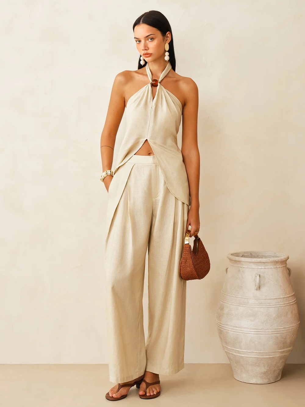 194 Linen-Blend Halter Top & Pants Set